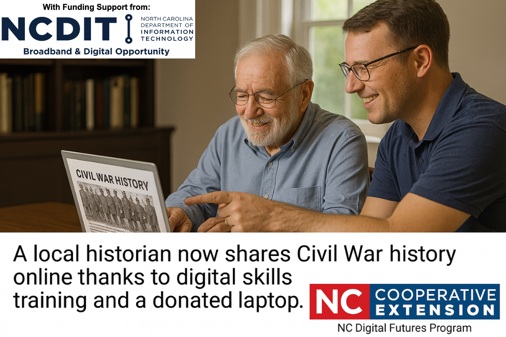 Two men look at a laptop together.