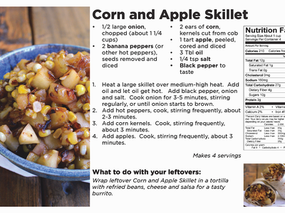 Corn and Apple Skillet recipe card with skillet photo, ingredients, instructions, nutrition facts