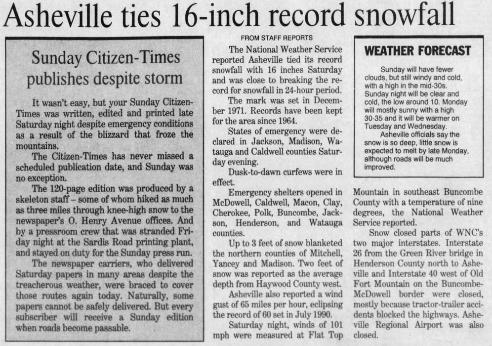 Newspaper article about 16 inch record snow fall in Asheville, NC. 