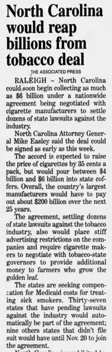 1998 newspaper article "North Carolina Would Reap Bullions from Tobacco Deal."