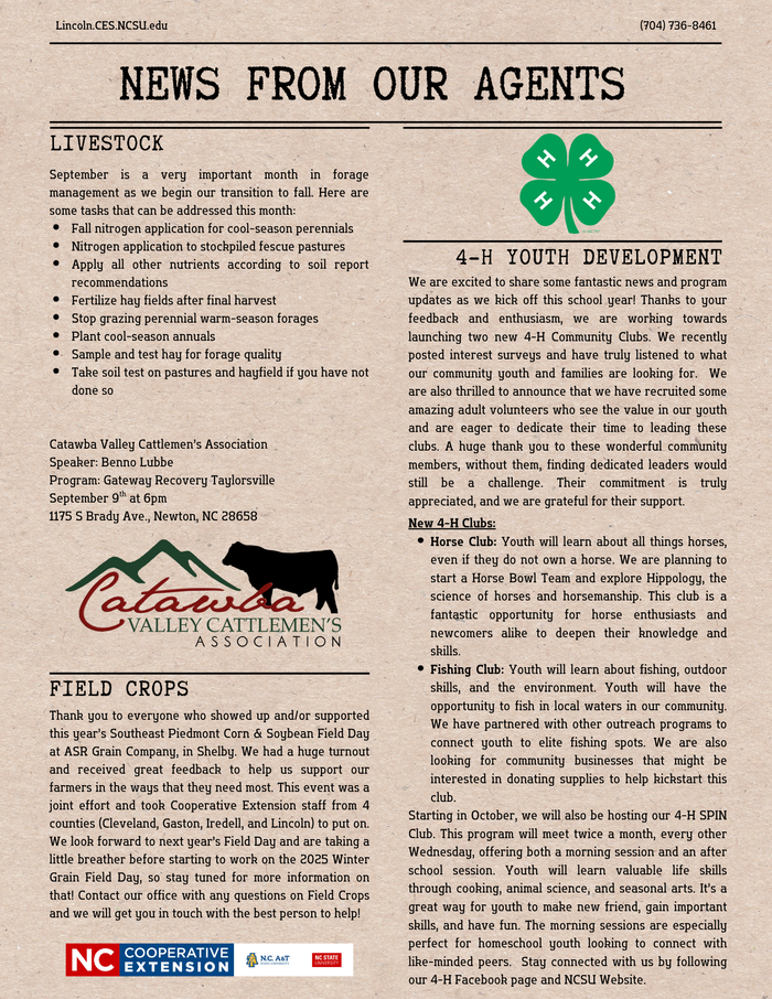 Page 2 of the September Newsletter with Livestock, Field Crop, and 4-H updates