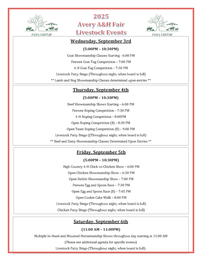 2025 Avery A&H Fair Livestock Events schedule: Wednesday Sept 3 to Saturday Sept 6