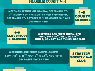 Franklin County 4-H Fall Happenings flyer, dats, tims and meeting locations