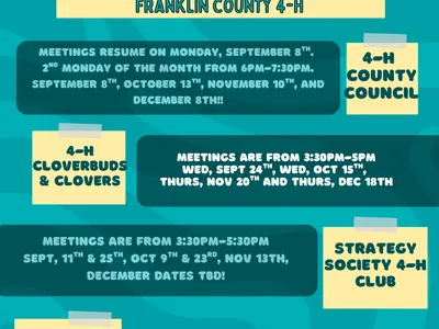 Franklin County 4-H Fall Happenings flyer, dats, tims and meeting locations