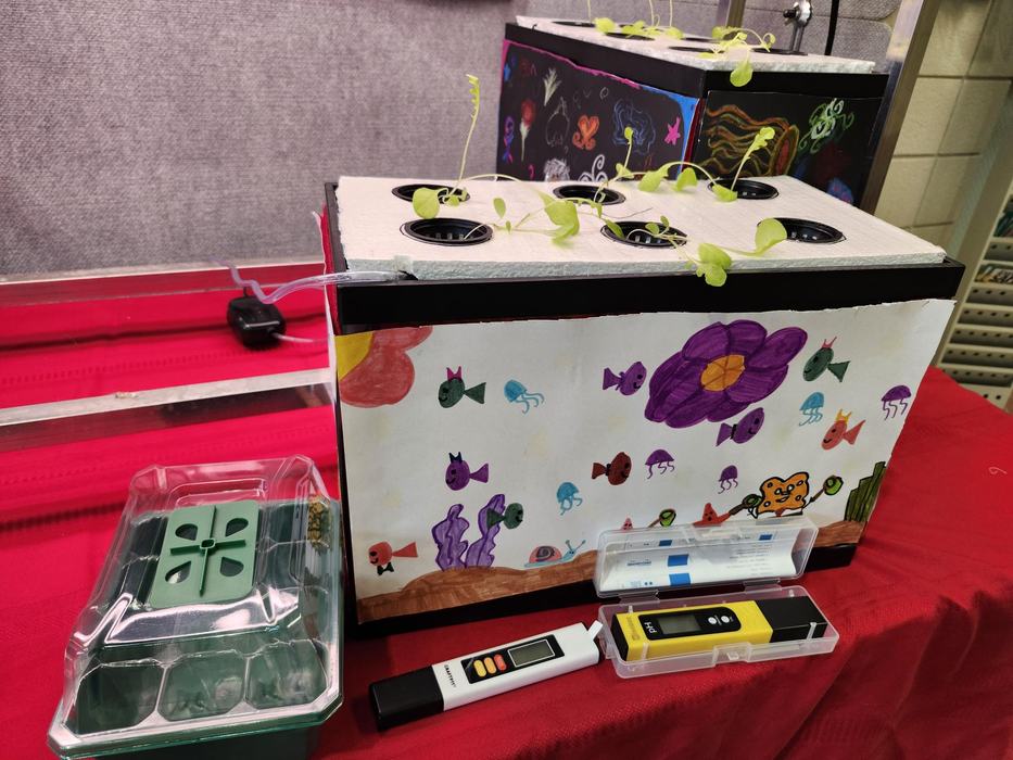 Hydroponic seedling box with young plants, decorated side panel, and pH meters