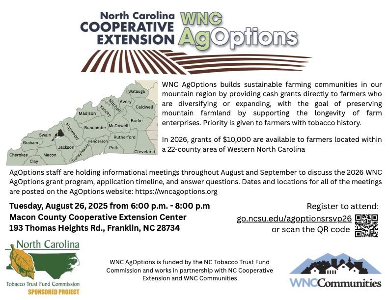 WNC AgOptions flyer: $10,000 grants for farmers in 22-county Western NC; info meeting Aug 26, 2025