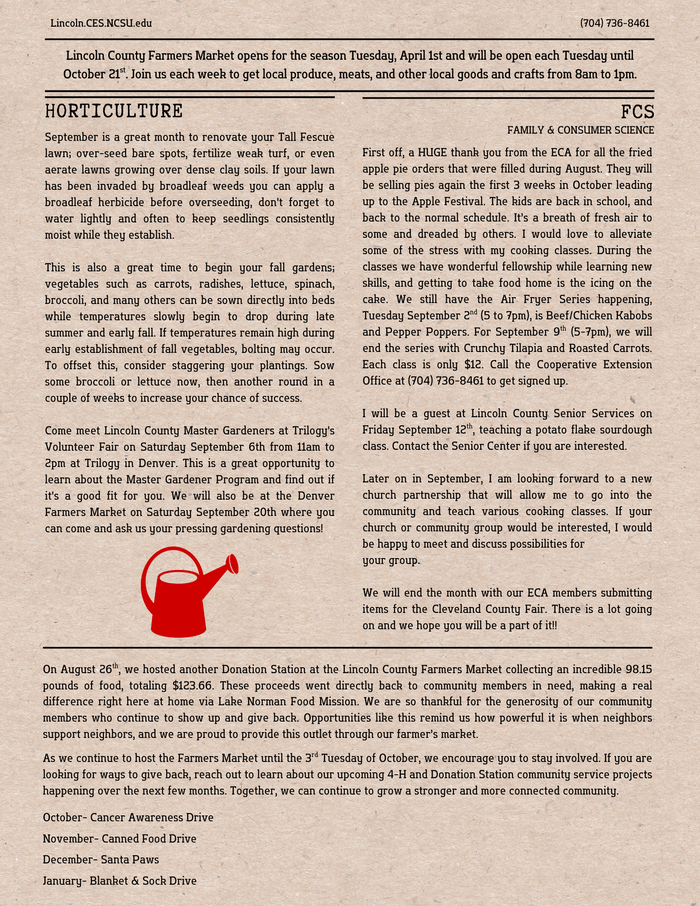 Page 3 of September 2025 Newsletter with Horticulture, FCS, and Donation Station updates