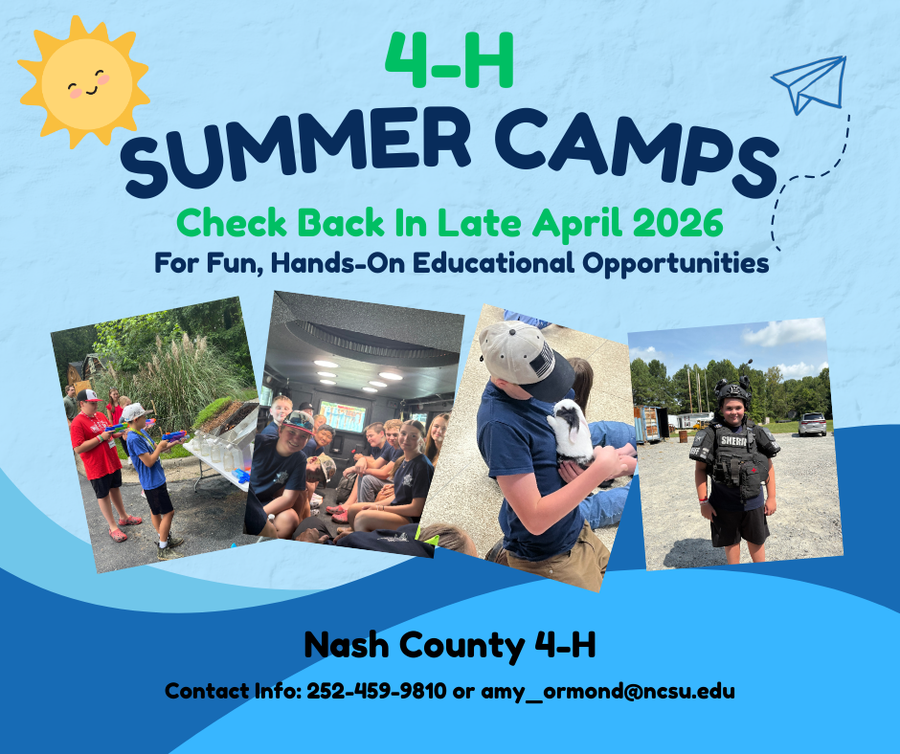 4‑H SUMMER CAMPS — Check back late April 2026; Nash County 4‑H contact 252-459-9810