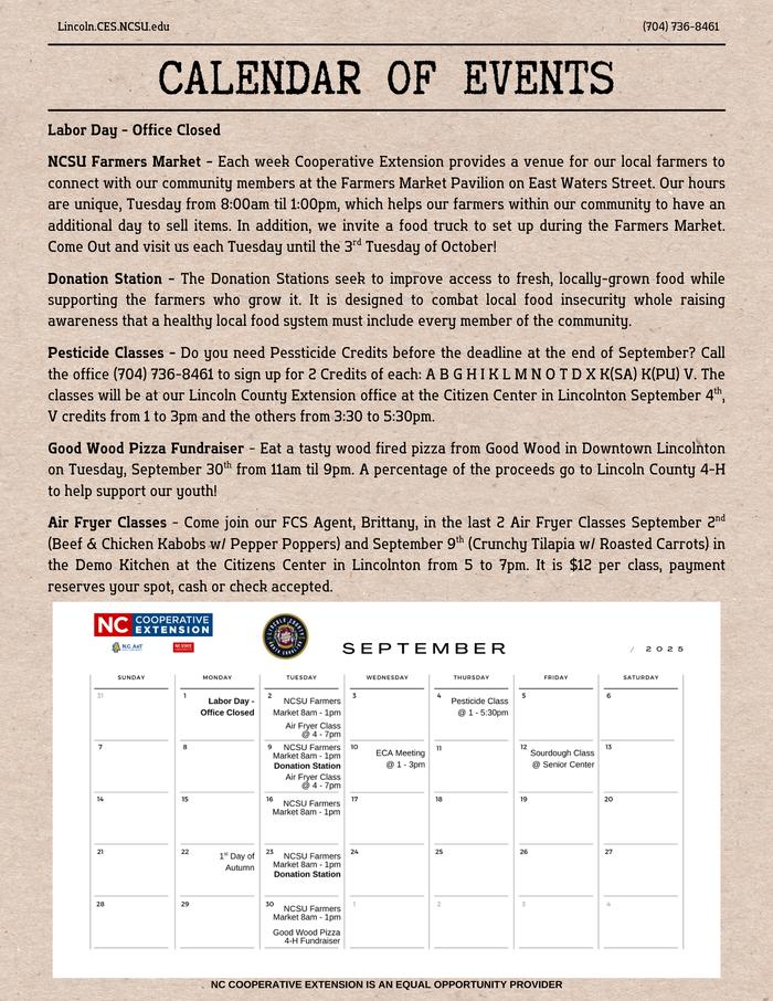 last page of the September 2025 Newsletter with calendar of events for September