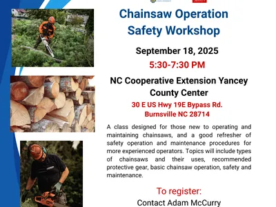 NC Cooperative Extension Chainsaw Operation Safety Workshop, Sept 18 2025, 5:30–7:30 PM
