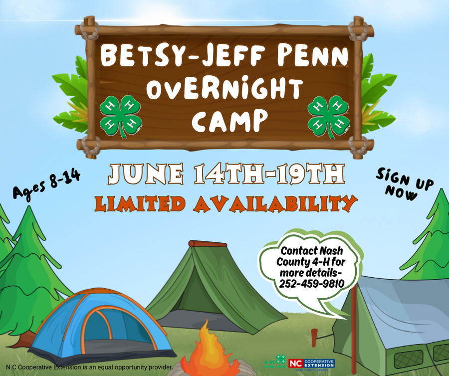 Betsy-Jeff Penn Overnight Camp, June 14th–19th; Limited availability; Ages 8–14; 252-459-9810