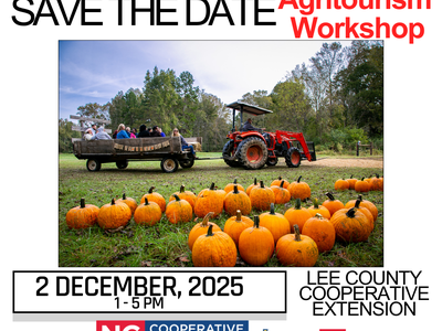 Tractor pulling wagon in front of pumpkin patch. With text repeating Save the Date information.
