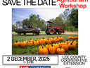 Tractor pulling wagon in front of pumpkin patch. With text repeating Save the Date information.