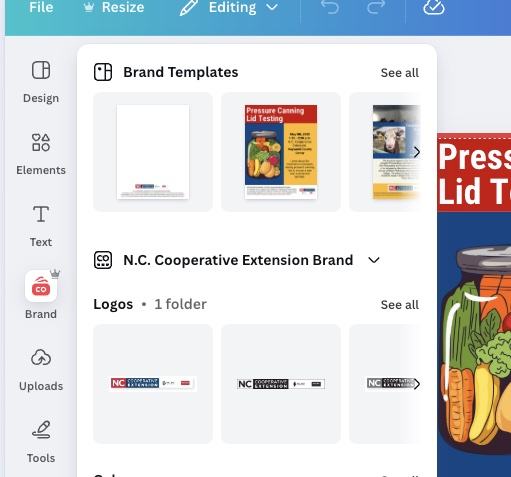 Screenshot of Brand button in Canva Enterprise. 