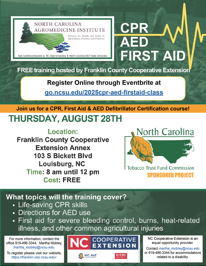 CPR/AED/First Aid Training flyer with date, time recigtration info