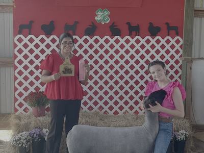Two young women with a show sheep; one holds plaque and ribbon under "PITT COUNTY FAIR 2024" sign