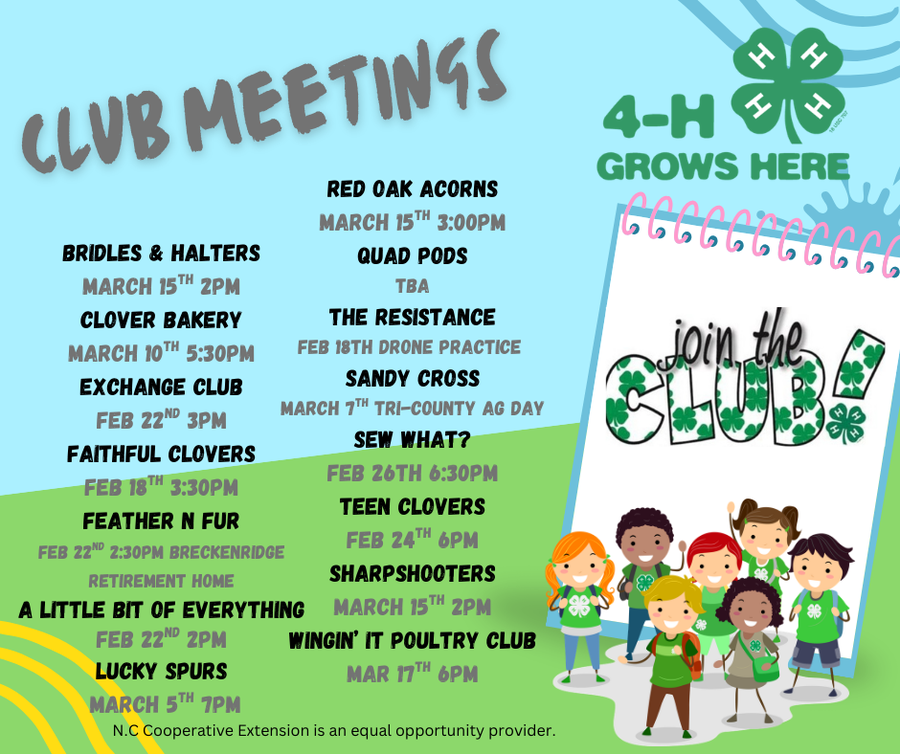 4-H club meetings flyer listing club names and dates, header "Club Meetings" and "4-H Grows Here"