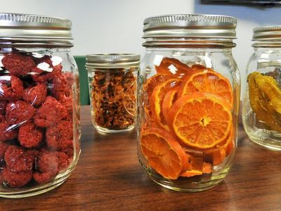 jars with dehydrated fruits and vegetables