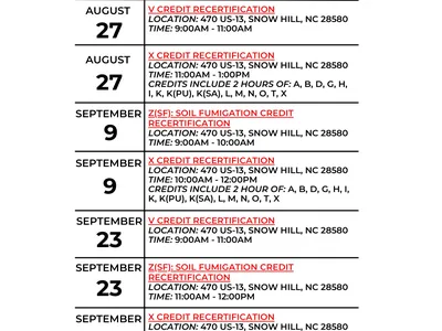 Pesticide class schedule 2025: recertification Aug 27, Sep 9, Sep 23; Snow Hill, NC