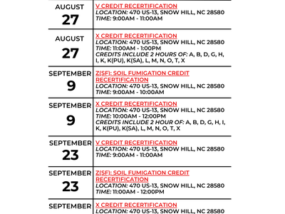 Pesticide class schedule 2025: recertification Aug 27, Sep 9, Sep 23; Snow Hill, NC
