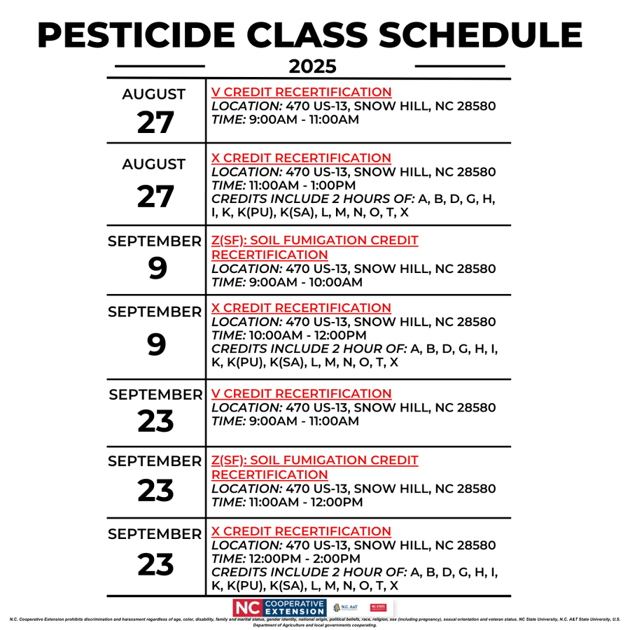 Pesticide class schedule 2025: recertification Aug 27, Sep 9, Sep 23; Snow Hill, NC