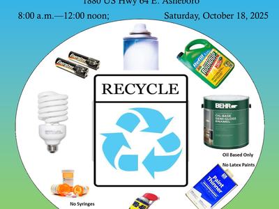 Flyer for the Randolph County Household Hazardous Waste & Pesticide Disposal and Unused Medication Drop-off event. Event details: Saturday, October 18, 2025, from 8:00 a.m. to 12:00 noon at the Randolph County Agricultural Center, 1880 US Hwy 64 E, Ashebo