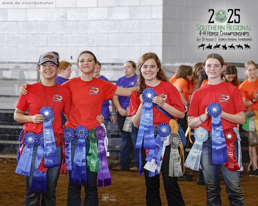 Four youths in red shirts holding blue ribbons; "2025 Southern Regional 4‑H Horse Championships" sign