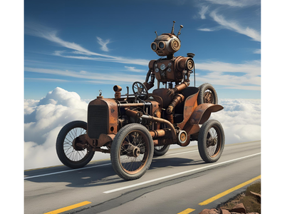 Rust-colored steampunk robot driving an antique car on a road above clouds