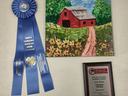 Blue North Carolina State 4‑H Horse Program ribbon, red barn painting with path, Champion plaque