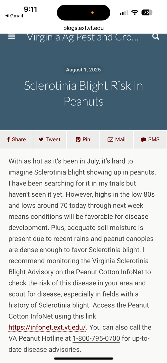 A screenshot of the Sclerotinia Blight Risk in Peanuts. As temperatures get cooler the conditions will be more favorable for disease development.