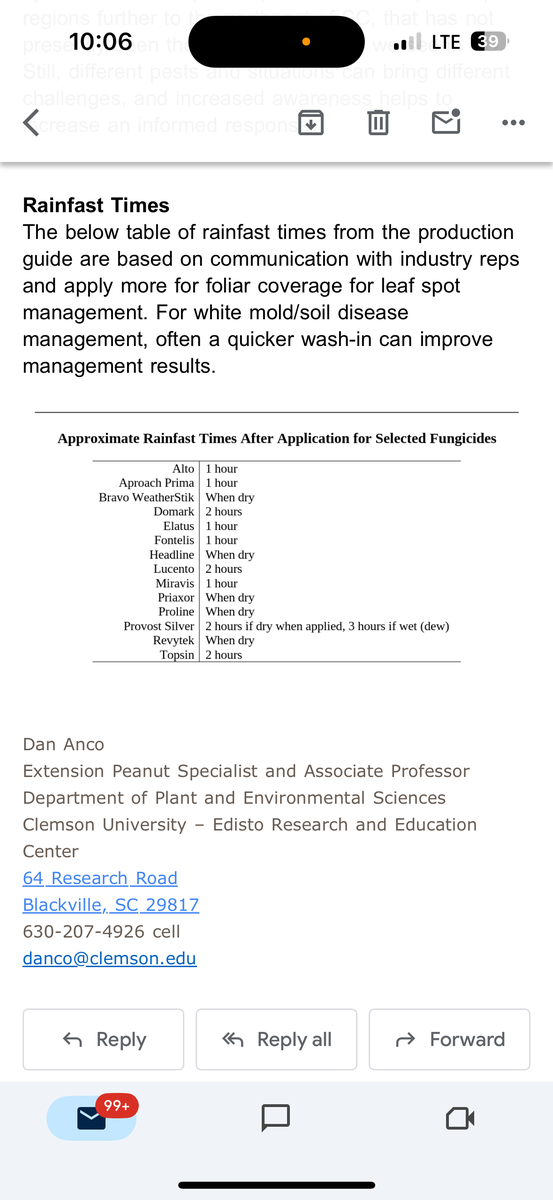 Table listing approximate rainfast times for selected fungicides, ranging from "1 hour" to "When dry," with specific conditions noted for Provost Silver.