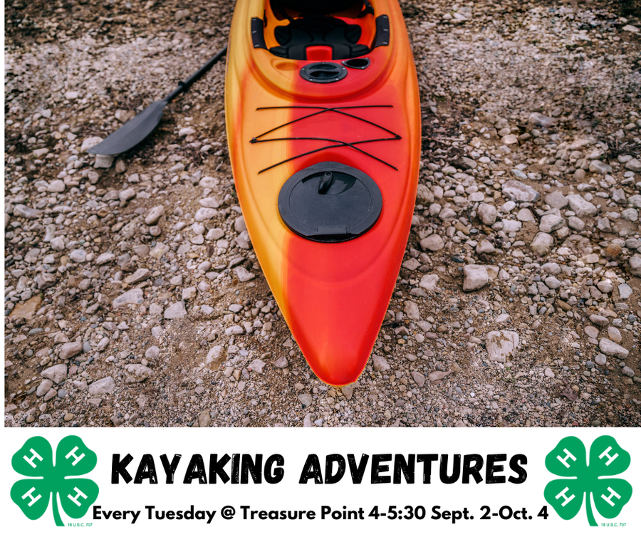 Red-orange kayak on rocky shore; banner: KAYAKING ADVENTURES — Every Tue Sept 2–Oct 4, 4–5:30