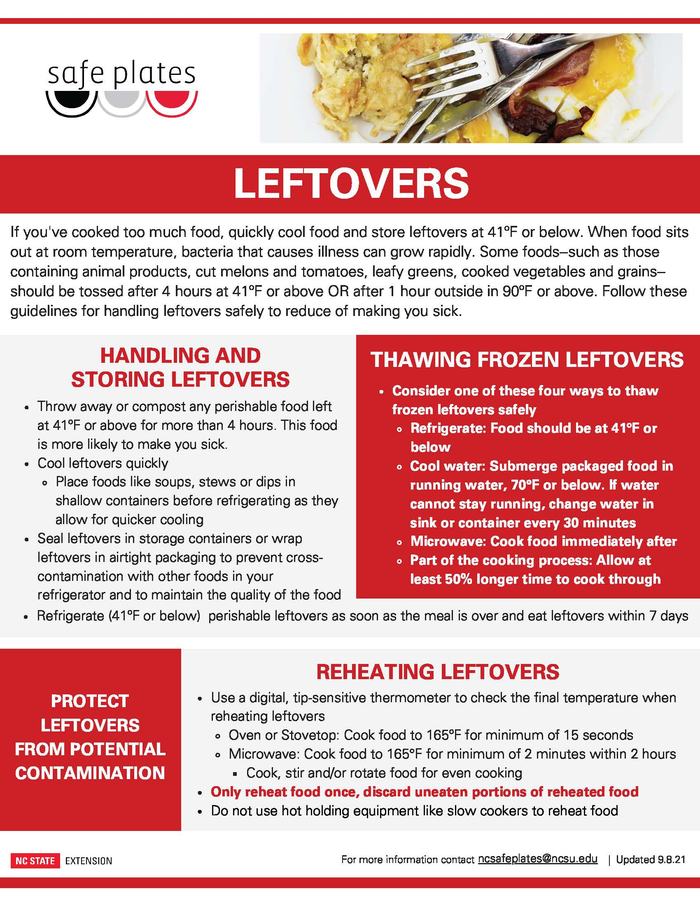 Poster titled "LEFTOVERS" with guidelines for handling, thawing, and reheating leftovers