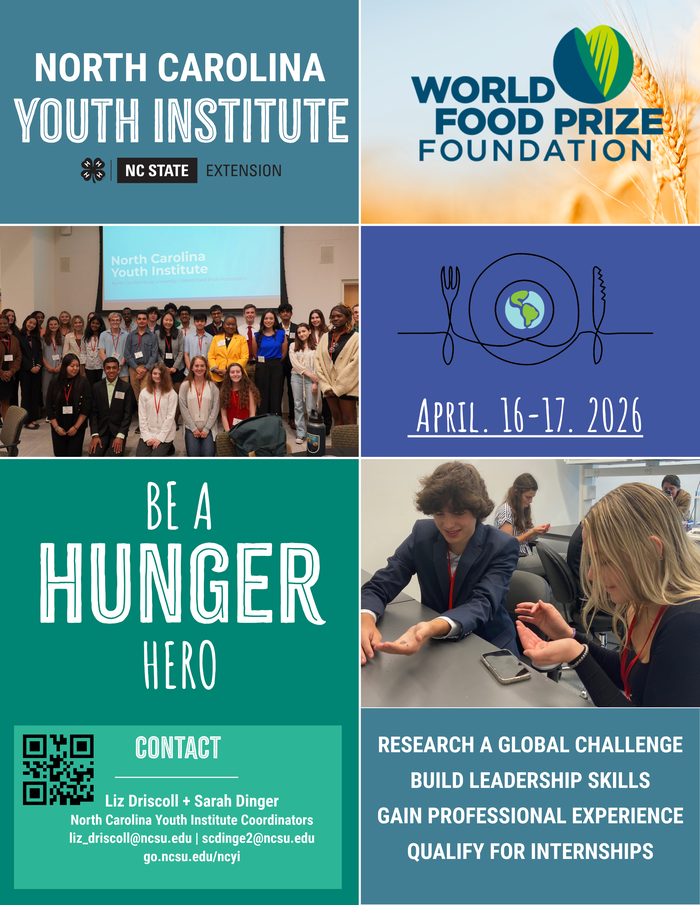 North Carolina Youth Institute flyer — World Food Prize, April 16-17, 2026; "Be a Hunger Hero"