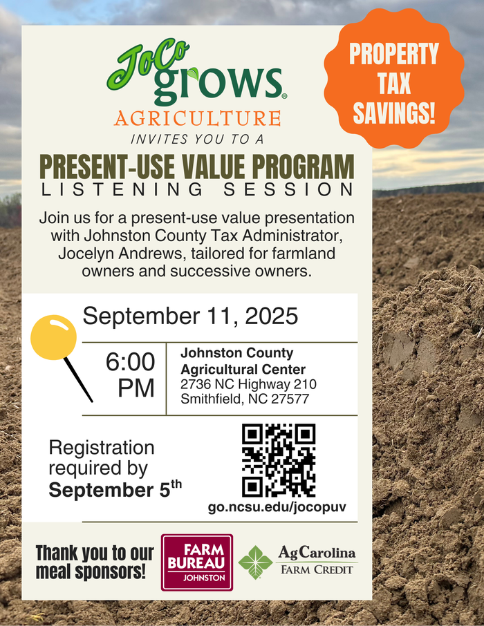 Join us for a present-use value presentation with Johnston County Tax Administrator, Jocelyn Andrews, tailored for farmland owners and successive owners. 