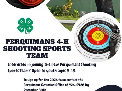 Perquimans 4‑H Shooting Sports Team flyer: shooter aiming, target and clay; open to ages 8–18