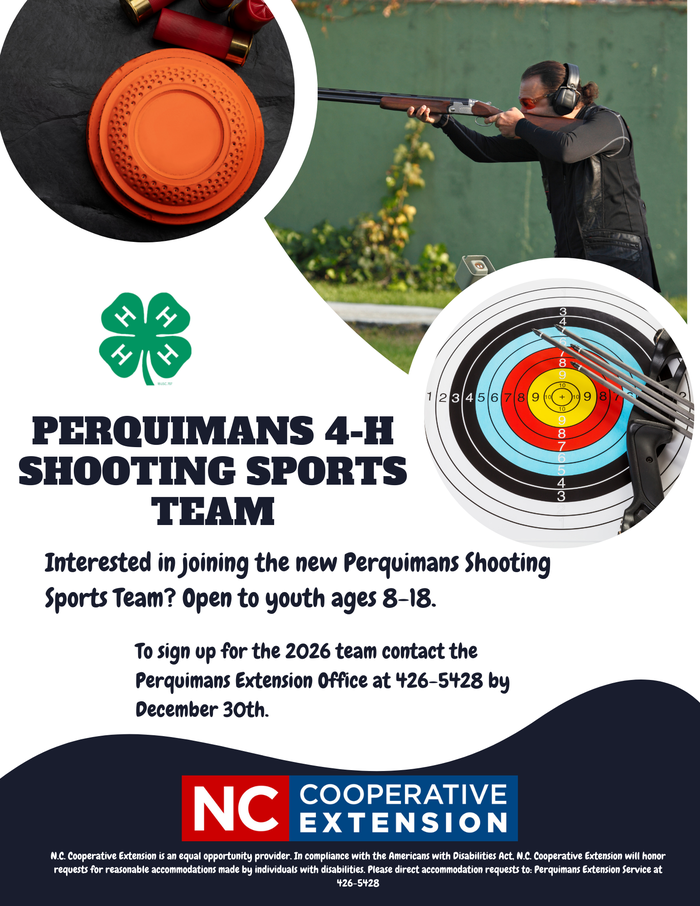 Perquimans 4‑H Shooting Sports Team flyer: shooter aiming, target and clay; open to ages 8–18