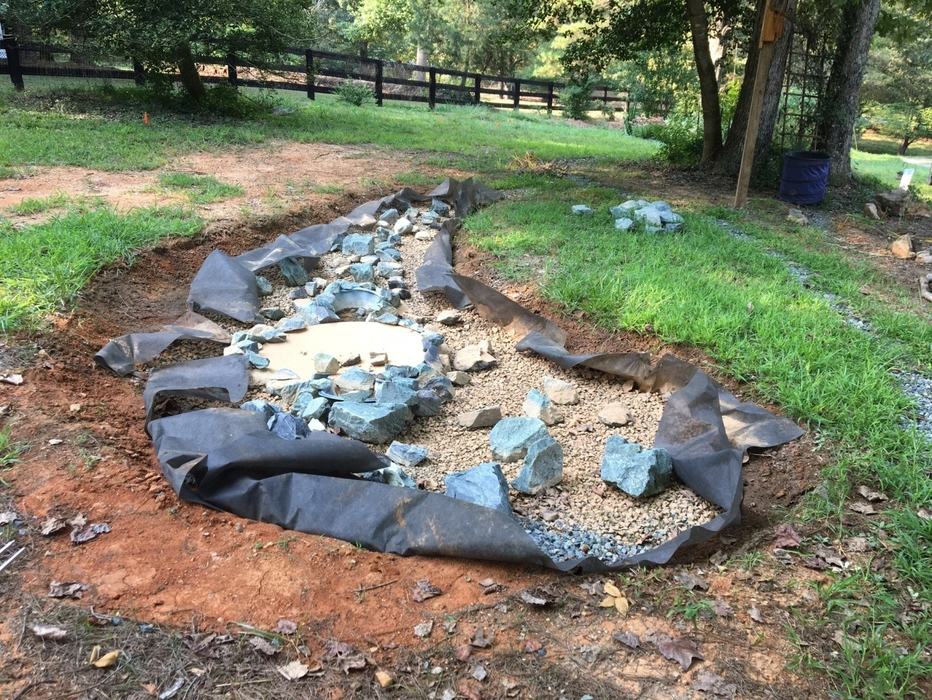 Gravel and river rock in the detention pond.