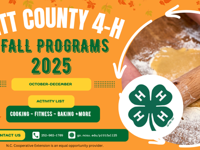 Pitt County 4‑H Fall Programs 2025 flyer; hands rolling dough; contact 252‑902‑1709