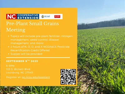 Pre-Plant Small Grains Meeting flyer date, time, location and regitration info with image of field in background