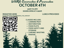 preserve the harvest: wildlife conservation and preservatoin on October 4th. The background is beige with outlines of forest trees and deer in a forest.