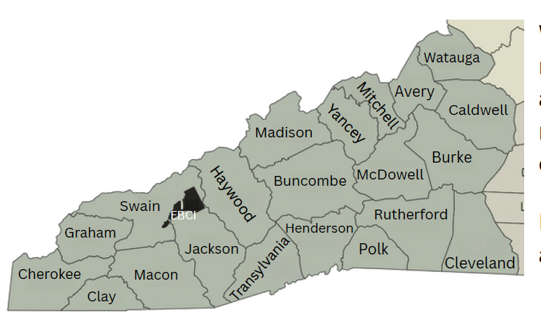 A map of Western North Carolina Counties.