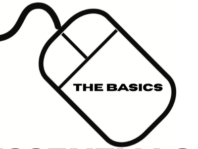 Wired computer mouse icon with text "THE BASICS" on its body