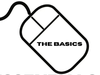 Wired computer mouse icon with text "THE BASICS" on its body