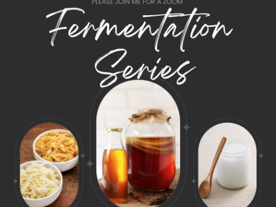 Please join me for a Zoom: Fermentation Series — kombucha jar, bottle, sauerkraut bowls, yogurt jar