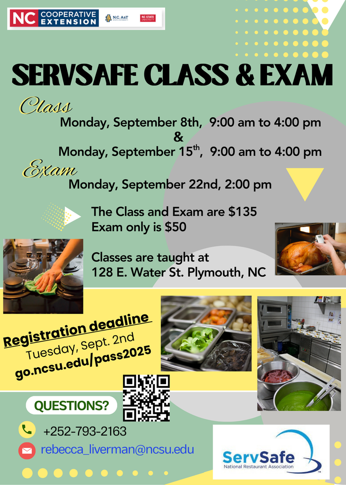 Colorful flyer with ServSafe Class information and registration link
