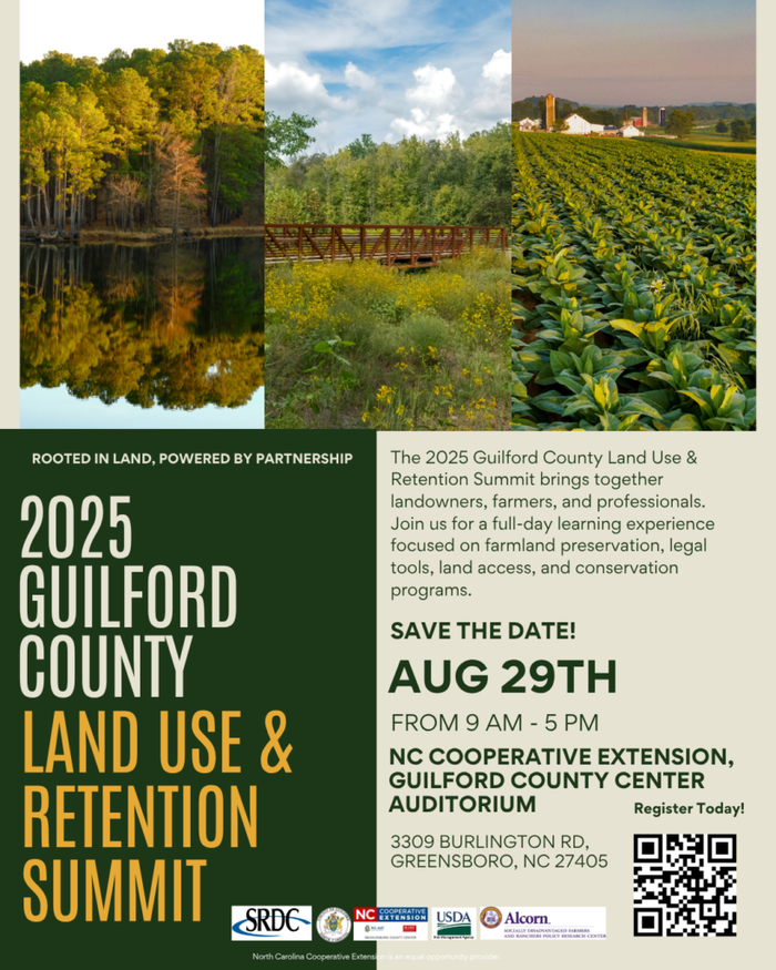 Flyer for the 2025 Guilford County Land Use & Retention Summit, scheduled for August 29th from 9 AM to 5 PM at the N.C. Cooperative Extension, Guilford County Center Auditorium. Includes event details, a QR code to register, and images of farmland, forest, and a nature trail.