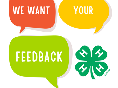 Speech bubbles reading 'WE WANT YOUR FEEDBACK' next to 4‑H clover and NC Cooperative Extension logo
