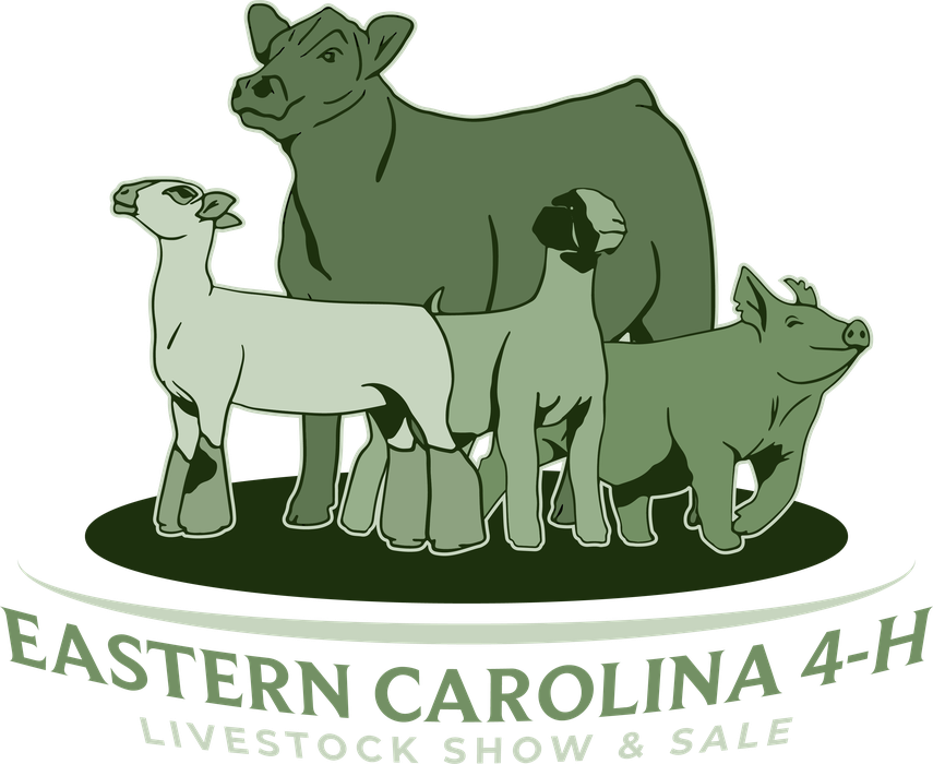 Green illustrated livestock (cow, sheep, goat, pig) above text "Eastern Carolina 4-H Livestock Show & Sale"