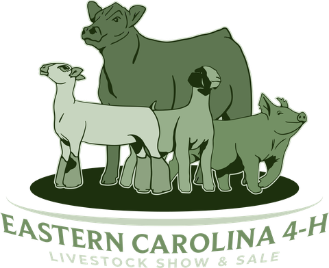Green illustrated livestock (cow, sheep, goat, pig) above text "Eastern Carolina 4-H Livestock Show & Sale"